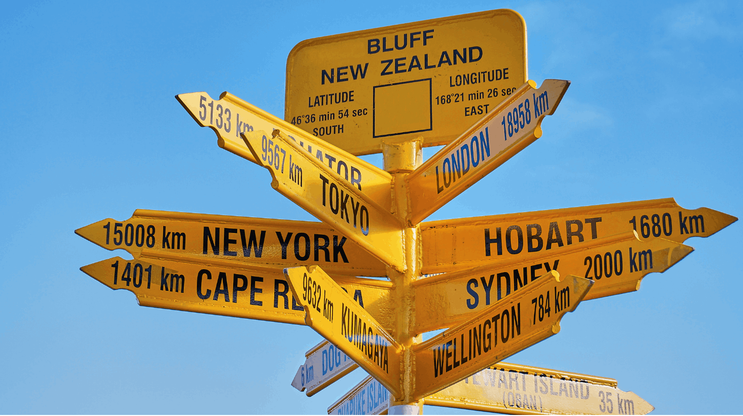 Iconic Bluff signpost at the southern tip of New Zealand showing distances to Wellington, London, New York, Tokyo and Sydney — representing New Zealand's global connections for DMC and incentive travel