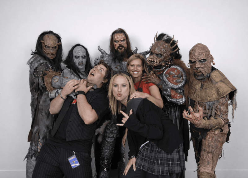 Damien Sprey backstage with Lordi performers at Rock2Wgtn in Wellington