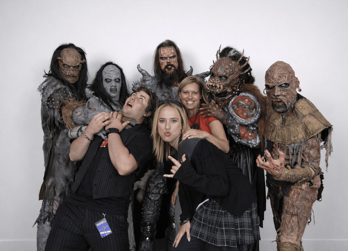 Damien Sprey backstage with Lordi performers at Rock2Wgtn in Wellington
