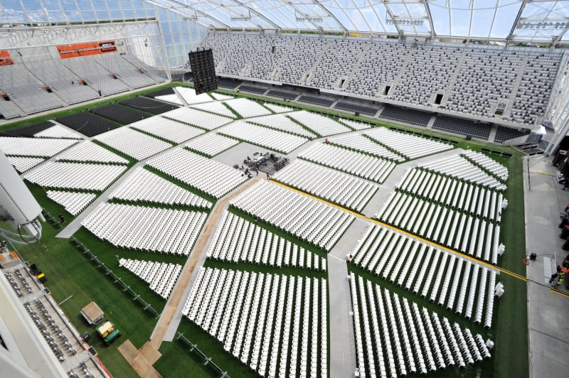 Concert seating and stage setup at Forsyth Barr Stadium in Dunedin before doors open.