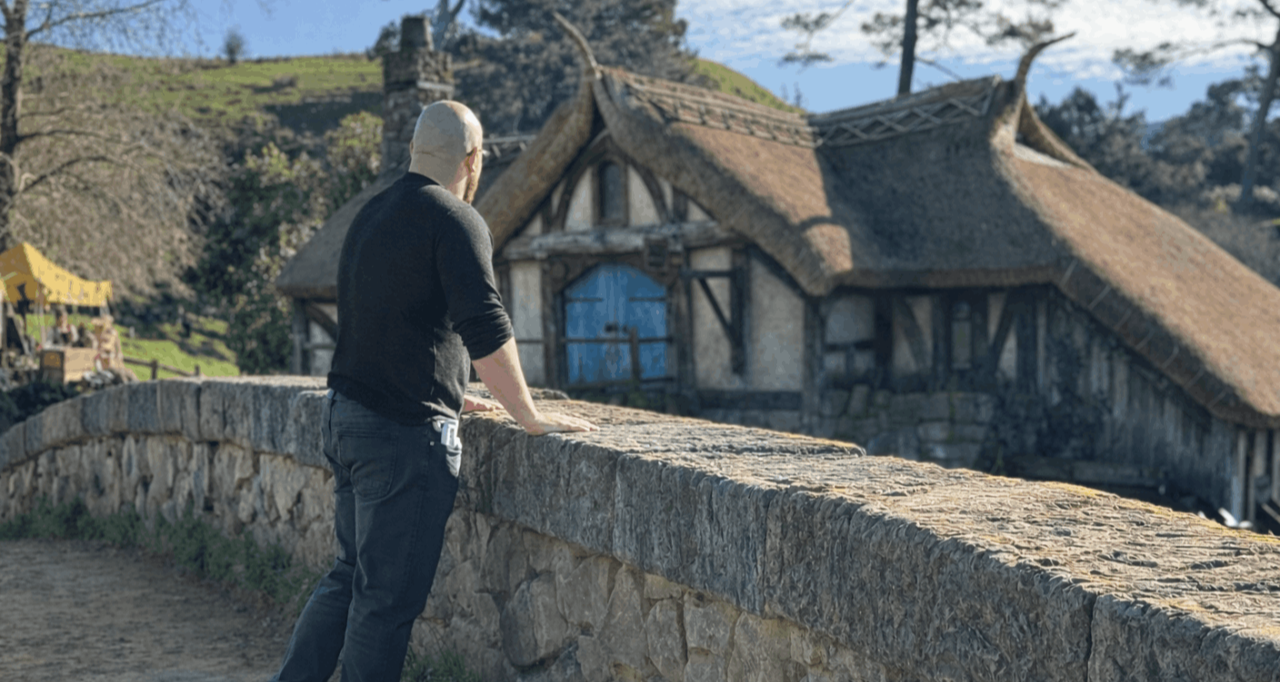 Damien Sprey at Hobbiton Movie Set in Matamata, New Zealand during a site visit