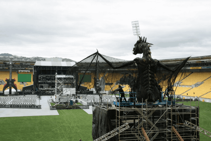 Dragon stage prop being installed at Westpac Stadium for Rock2Wgtn in Wellington.