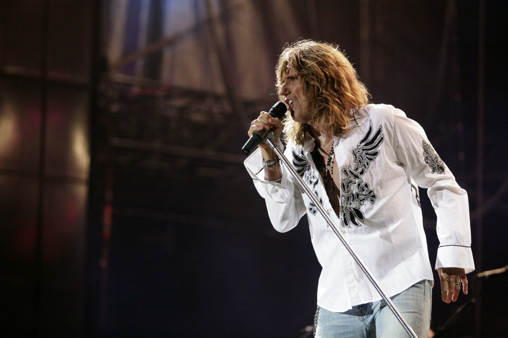 David Coverdale of Whitesnake singing at the microphone during Rock2Wgtn in Wellington.